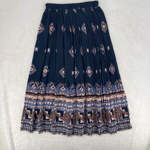 Stonebridge Petites Navy Blue Geometric Southwestern Pleated Maxi Skirt PS Flowy